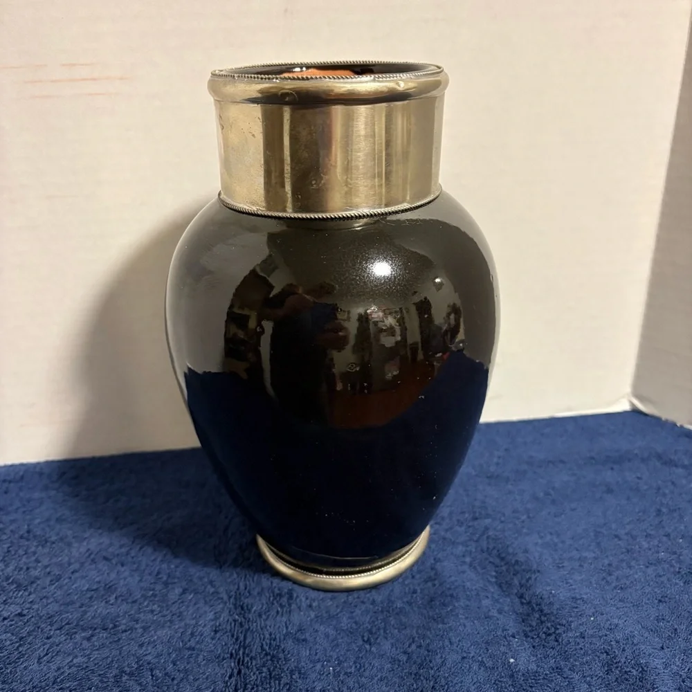 MCM Moroccan Clay Terra Cotta Black & Silver Metal Band Vase Urn 9 1/2